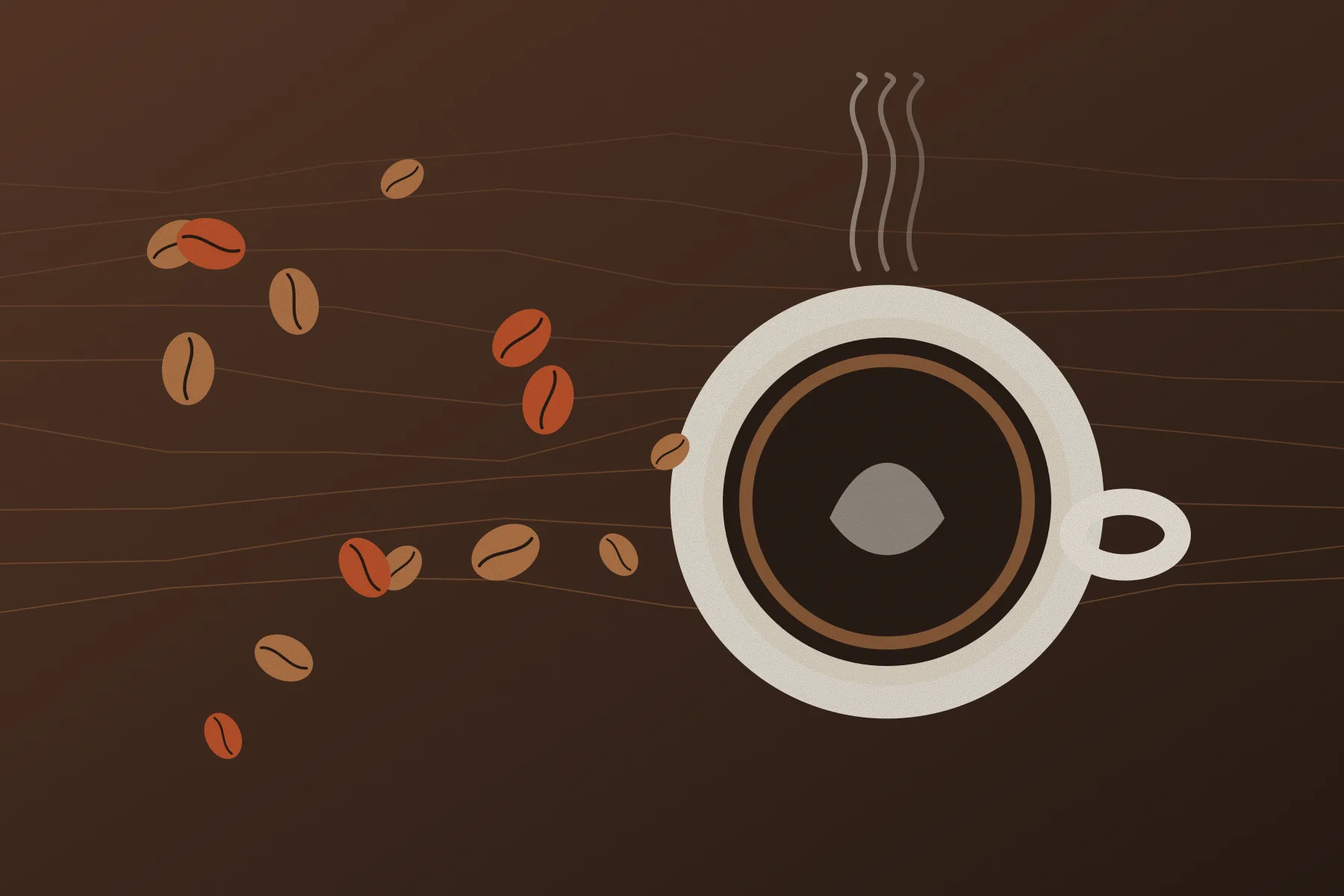 Illustration d’une tasse de café fumante entourée de grains